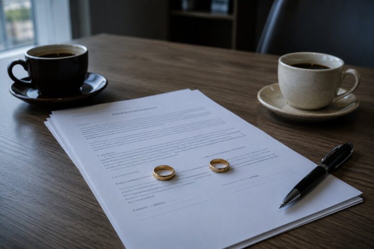 Duas aliancas sobre documento de divorcio, ilustrando divorcio consensual e litigioso