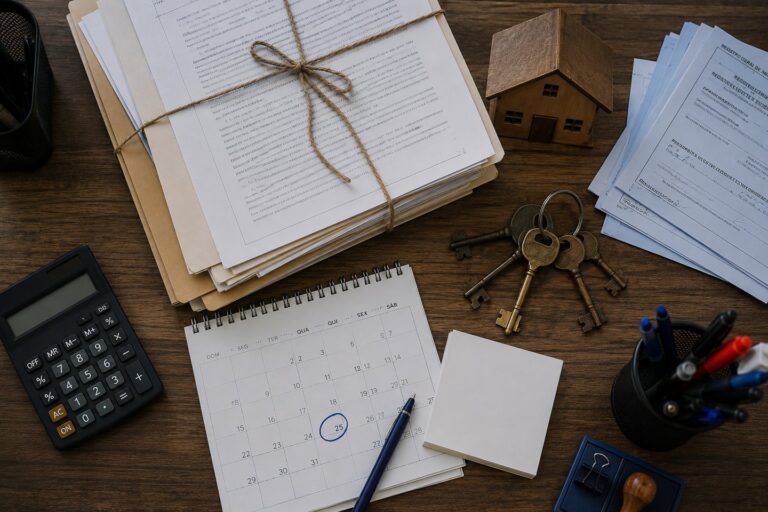 Documentos de inventario, chaves e calculadora sobre a mesa, ilustrando inventario e partilha
